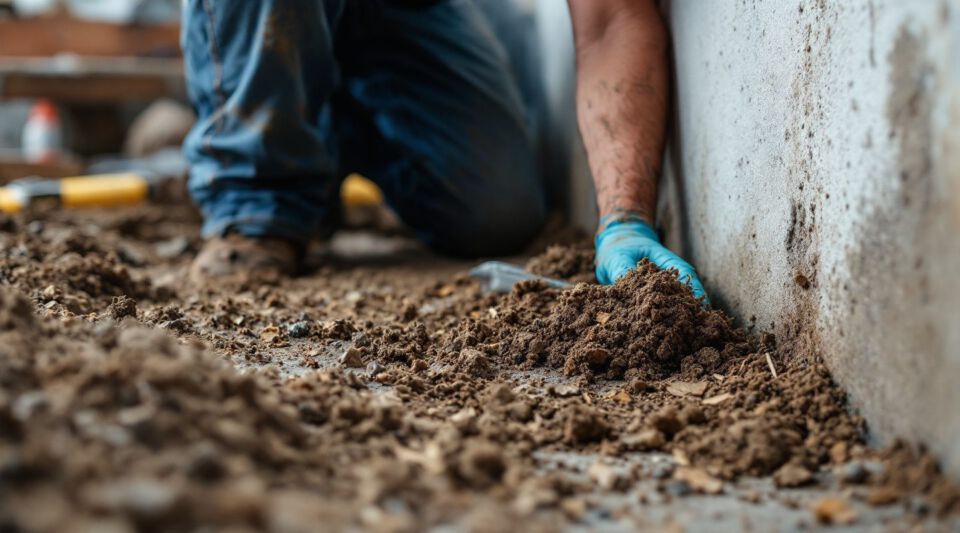 Certified technicians inspecting and removing mold from a dark crawl space.