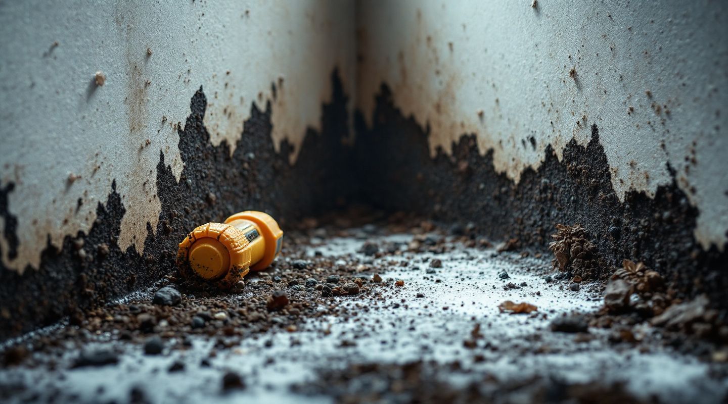 Professional mold remediation technician inspecting black mold growth on a wall with specialized equipment