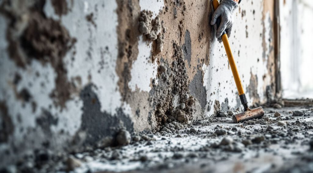 Certified mold remediation technicians inspecting a damp basement wall for mold growth in Cleburne.