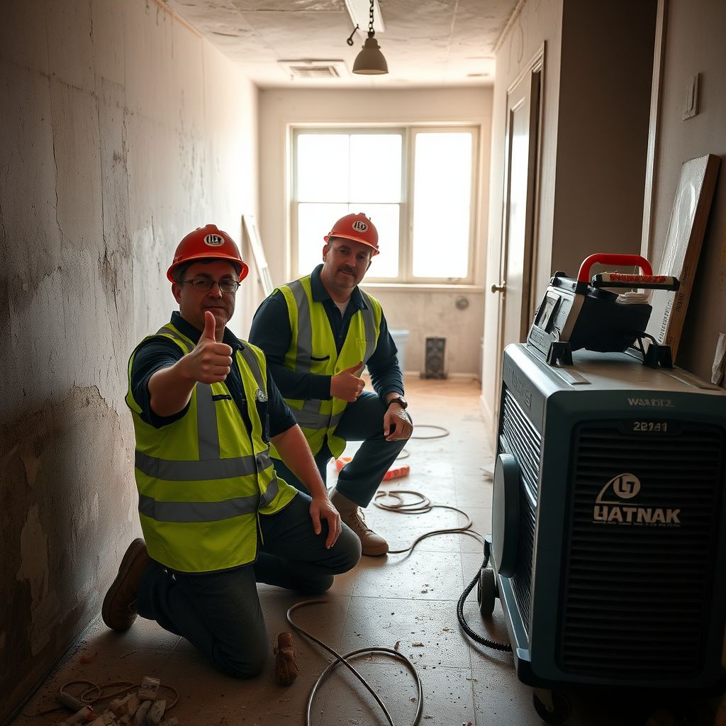A smiling, IICRC-certified mold remediation technician in full PPE giving a thumbs-up after completing a project in a Fort Worth home, showing a clean, restored area.