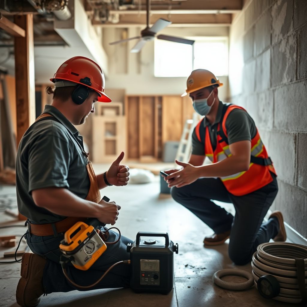 A Pro Tech Mold Removal technician in protective gear explaining the mold remediation process to a homeowner in a clean, restored living room in Cleburne, Texas.