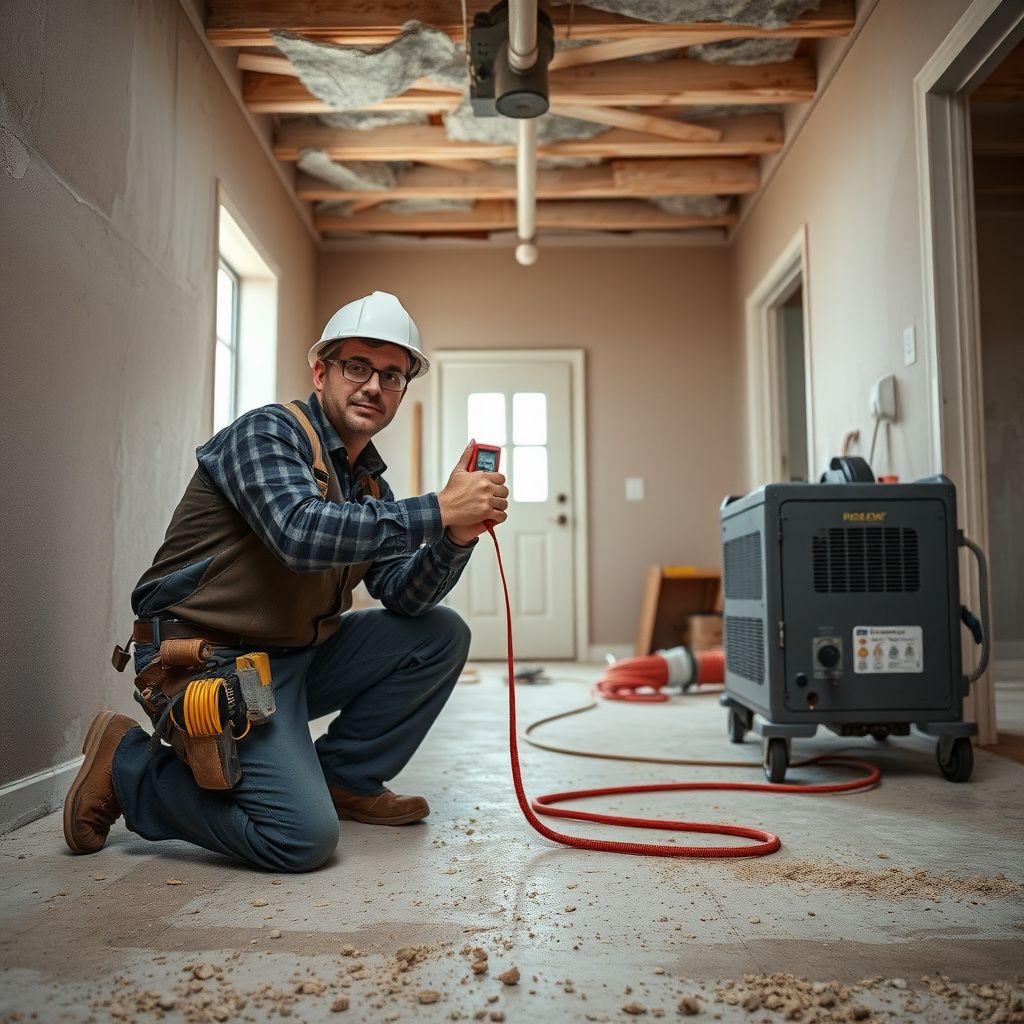 A mold remediation specialist explaining the process to an Everman homeowner, pointing to a moisture meter reading on a wall.