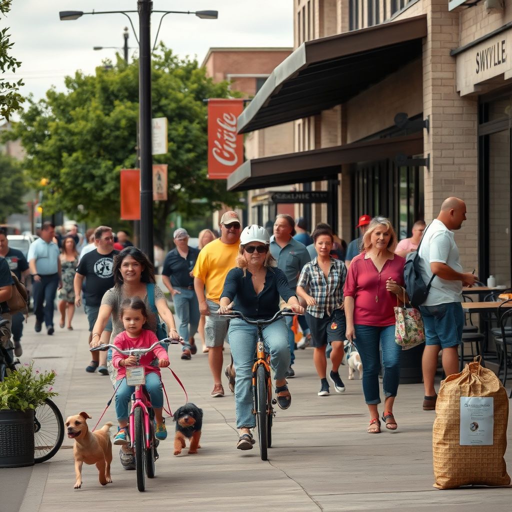 Historic Main Street in Duncanville, Texas, with local businesses and mature trees under a clear sky.