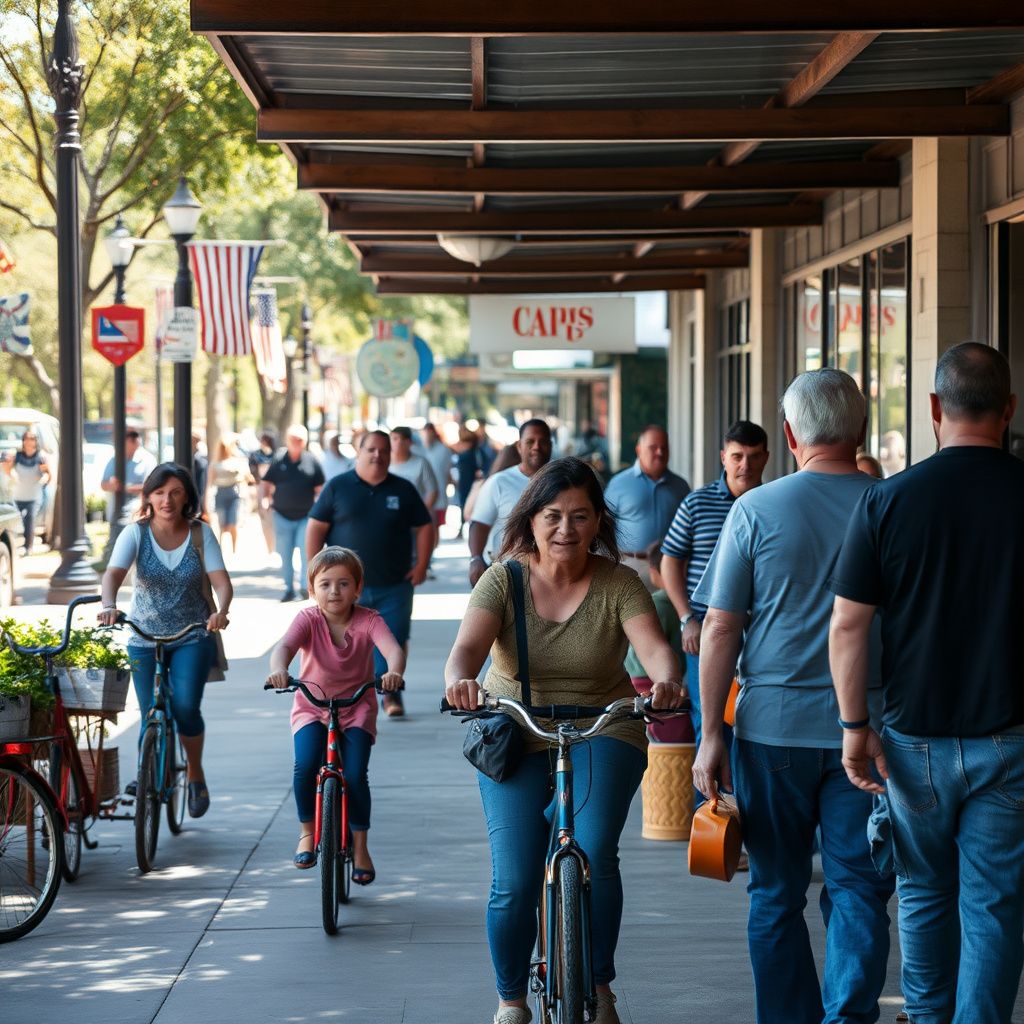 Historic downtown Cedar Hill, Texas, with well-preserved brick buildings and mature trees lining the street, reflecting the city's rich heritage.