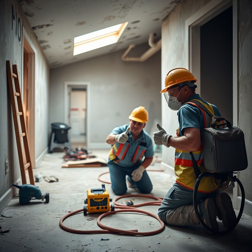 A Pro Tech Mold Removal technician in protective gear conducting a thorough mold inspection with specialized tools in a Midlothian residential basement.